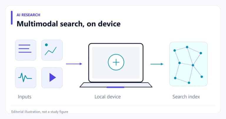 Text, image, audio and video cards connected to a local search index on a laptop.