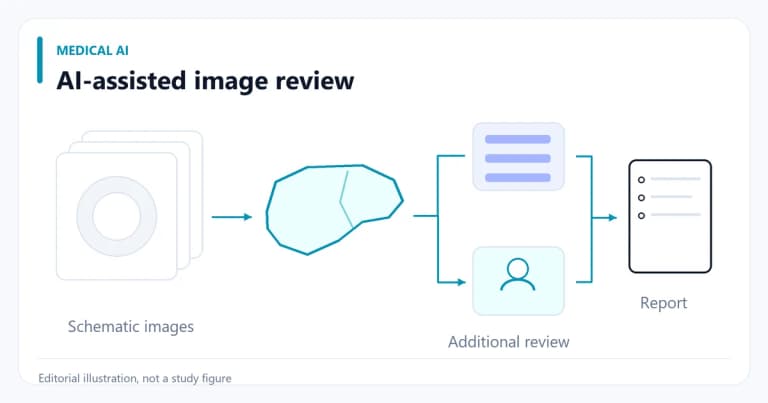 Conceptual liver-imaging panels reviewed by an AI system and a human reader.