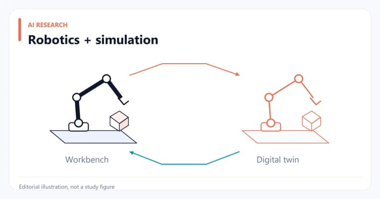 A robot workbench linked to its simulated digital twin in a feedback loop.