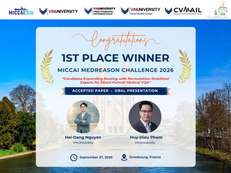 Poster announcing Vinuni_CVMAIL as 1st Place Winner of the MICCAI MedReason Challenge 2026 with an accepted paper and oral presentation